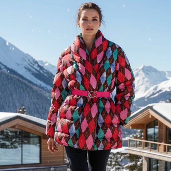 $451 RACHEL ANTONOFF argyle plaid belted puffer jacket S - Picture 1 of 11